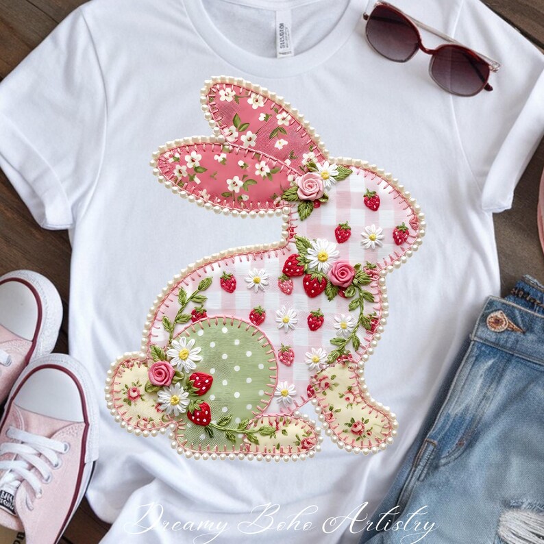 May include: White t-shirt featuring a decorative bunny design. The bunny is made of pink floral fabric, gingham, and green polka dots, adorned with strawberries, daisies, and roses. The text "Dreamy Boho Artistry" is at the bottom.