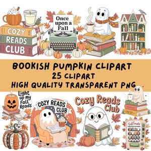 Bookish Pumpkin Clipart Bundle | Cozy Reading Club Fall Design | Digital Download