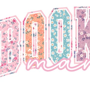 May include: A graphic design featuring the word "BOOM" in a varsity letter style, with each letter filled with a different floral pattern. The word "mama" is written below in a cursive font, all in pink.