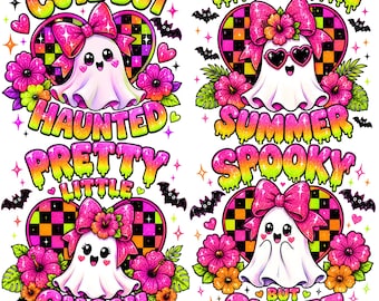 May include: Four digital illustrations featuring white ghosts with pink bows, hearts, and flowers. The designs include checkered hearts, bats, and colorful text reading Cute But Haunted, Haunt Girl Summer, Pretty Little Ghoul, and Spooky But Sweet.