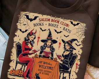 Club de lectura de Salem PNG / Diseño de Halloween con temática de brujas leyendo / Amante de los libros de terror / Sublimación de bruja vintage