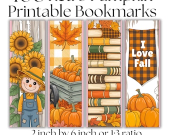 May include: Four retro-style printable bookmarks with fall themes. Designs include sunflowers, a scarecrow, pumpkins in a wagon, stacks of books, and pumpkins with the text "I Love Fall". Each bookmark is 2 inches by 6 inches.