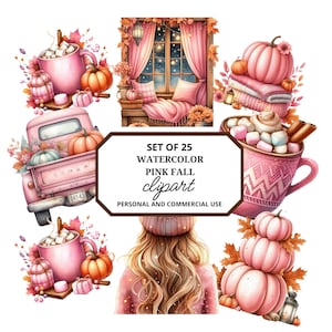 Aquarela CU Pink Fall Clip Art,Clipart Png,Aquarela Outono Clipart,Abóbora Rosa Clipart,Arte De Parede De Outono Rosa,Digital Rosa Outono