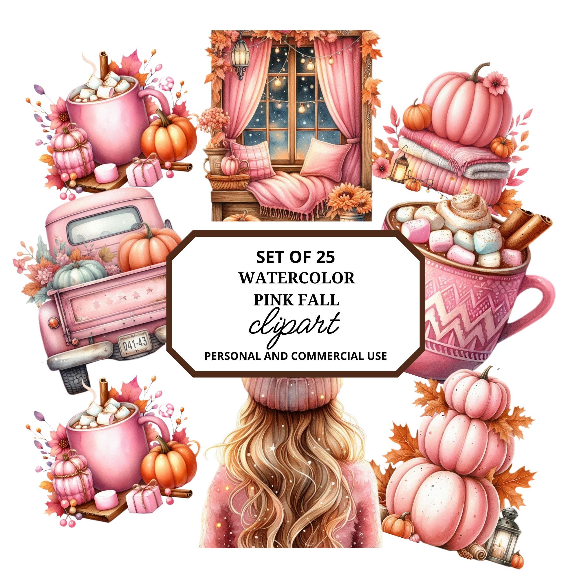 Watercolor CU Pink Fall Clip Art,Clipart Png,Watercolor Autumn Clipart, Pink Pumpkin Clipart,Pink Autumn Wall Art,Digital Pink Fall