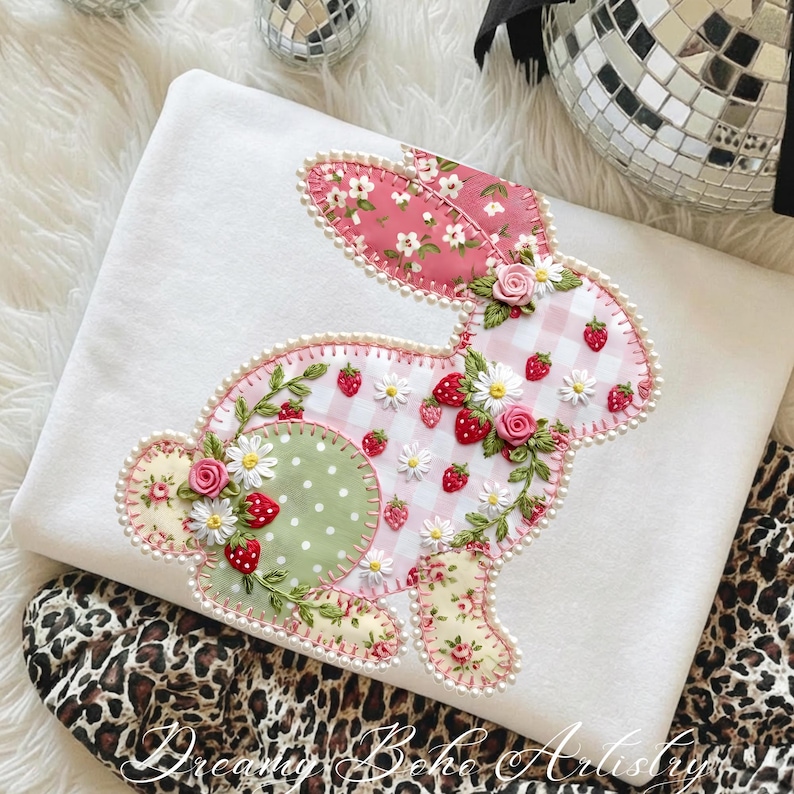 May include: A white, plush fabric with a decorative bunny applique. The bunny features pink floral and gingham patterns, with embroidered strawberries, daisies, and roses. The applique is outlined with a pearl-like trim.