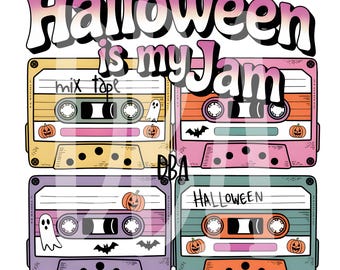 Puede incluir: Un gráfico colorido con cuatro cintas de cassette con diseños de Halloween. El texto "Halloween is my Jam" se muestra arriba. Cada cinta tiene un color único y elementos de Halloween como calabazas y fantasmas.