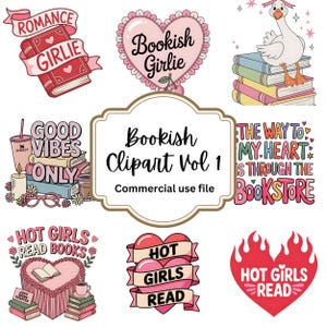May include: A selection of book-themed clipart illustrations. Features a goose on books, hearts with text, a stack of books with a cup, and the text "Bookish Clipart Vol 1" for commercial use.