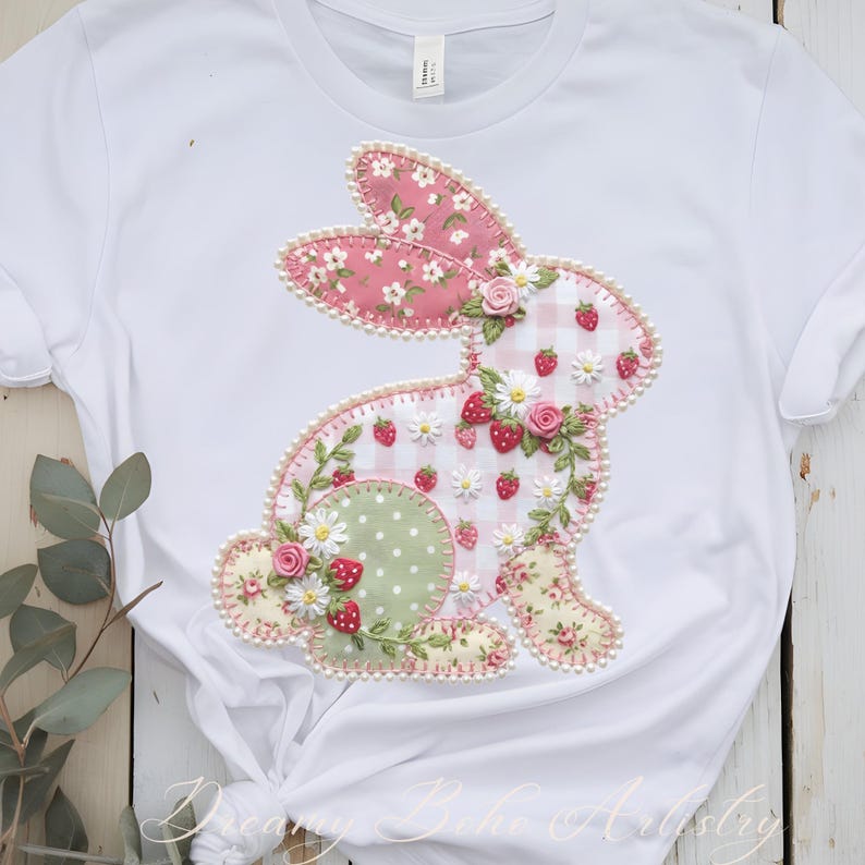 May include: White t-shirt featuring a decorative bunny applique. The bunny is made of various patterned fabrics, including pink floral, gingham, and floral prints. It is adorned with small flowers, strawberries, and a pearl-like trim. The text "Dreamy Behe Artistry" is at the bottom.