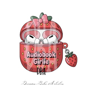 AUDIOBOOK Girlie Strawberry Airpods PNG, leesgrage png, leesgrage clipart, ontwerpen voor stickers, bladwijzers, commercieel gebruik instant download