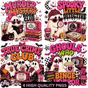True Crime Ghost PNG Bundle | 4 Spooky Book Club Designs | Murder Mystery Reader | Cutesy Bookish Sublimation Download