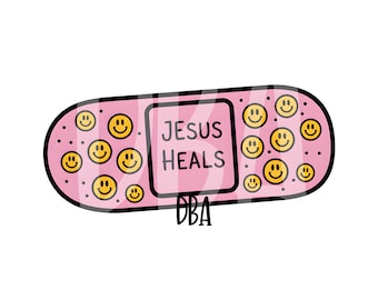 May include: Pink band-aid with a black outline and a white rectangle in the center that says "JESUS HEALS" in black text. The band-aid is covered in yellow smiley faces.