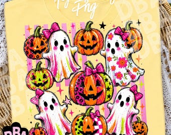 Spooky Vibes Ghost Pumpkin Coquette Halloween Shirt Design PNG