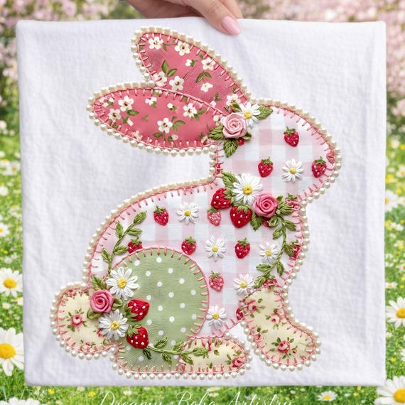 Strawberry Patchwork Bunny PNG | Cottagecore Easter Rabbit | Floral Applique Bunny