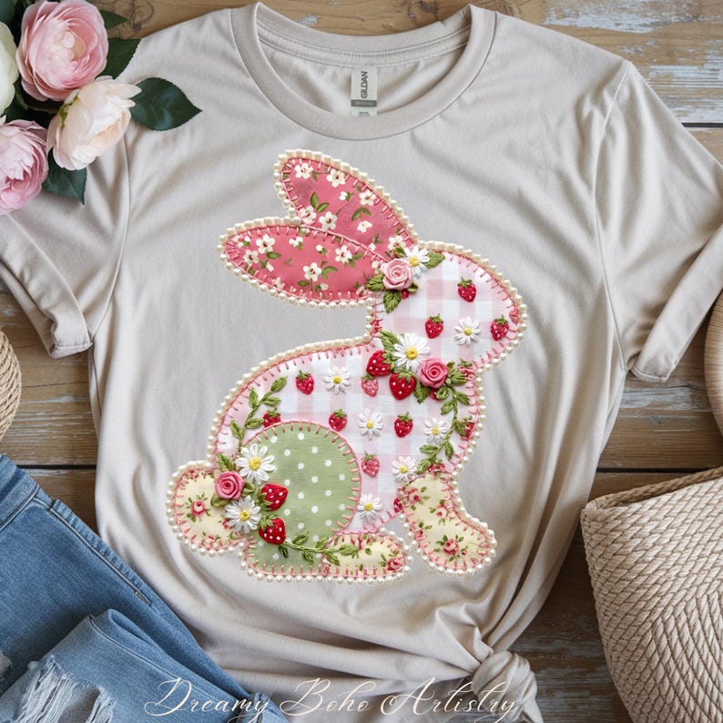 May include: A beige t-shirt featuring a patchwork bunny design. The bunny is adorned with pink floral fabric, strawberries, daisies, and green leaves. The text "Dreamy Boho Artistry" is at the bottom. The shirt is folded on a wooden surface.