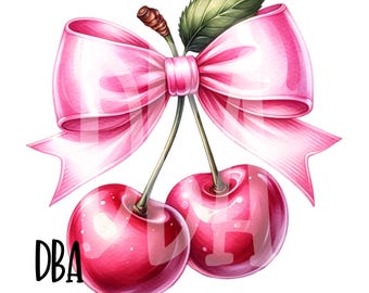 Puede incluir: Dos cerezas rojas con tallos y hojas verdes atadas con un gran lazo de satén rosa. Las cerezas son brillantes y tienen un aspecto realista de acuarela.
