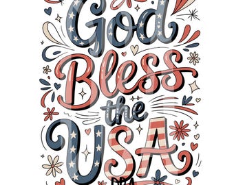 Gud välsigne USA PNG | Retro patriotisk klotterdesign | Sublimeringsgrafik för 4 juli