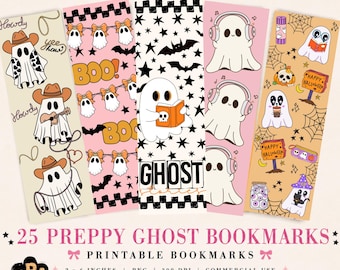 25 Preppy Ghost Printable Bookmarks PNG, Ghost Reading Bundle, Spooky Bookish Gift, Pink Orange Digital Download