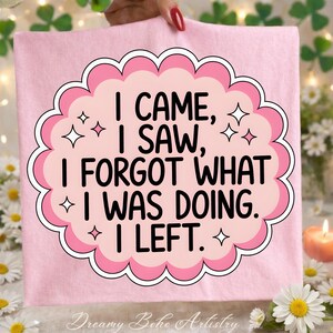 May include: A light pink tote bag with the text "I CAME, I SAW, I FORGOT WHAT I WAS DOING. I LEFT." in a black, decorative font. The text is inside a pink and white scalloped border. The words "Dreamy Boho Artistry" are at the bottom.