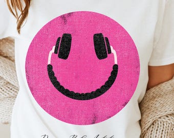 Headphones Smiley Face PNG | Retro Pink Distressed Design | Vintage Music Graphic | Digital Download