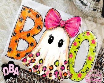 Pink Bow Boo Ghost PNG Coquette Leopard Halloween Shirt Design