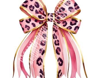 Leopard Coquette Bow PNG | Gold Pink Animal Print Design | Digital Download