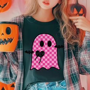 Pink Checkered Ghost PNG, Retro Ghost PNG, Spooky Png, Halloween Shirt Design, Pink Halloween Girly Ghost Shirt Design, Pastel Halloween Png
