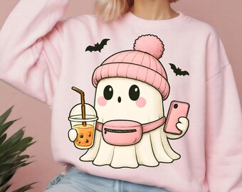 Preppy Ghost PNG | Cutesy Halloween Coffee Ghost  |  Pink Coquette Spooky Design | Fall Sublimation