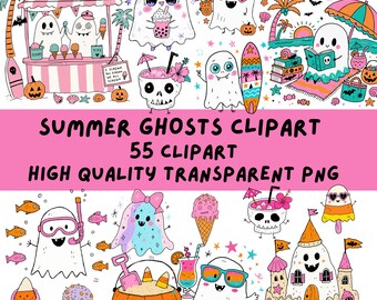 Puede incluir: Una colección digital de 55 ilustraciones de fantasmas con temática veraniega que incluye fantasmas con gafas de sol, lazos y equipo de playa, un puesto de aperitivos llamado BOO BEACH, castillos de arena, helados y bebidas tropicales.