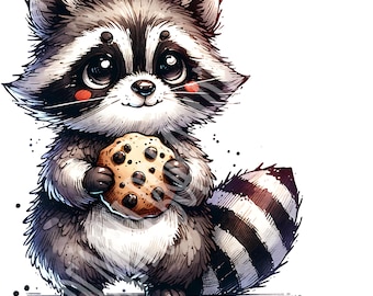 Sweet Raccoon with Cookie Clipart PNG | Watercolor Clipart | Digital Download