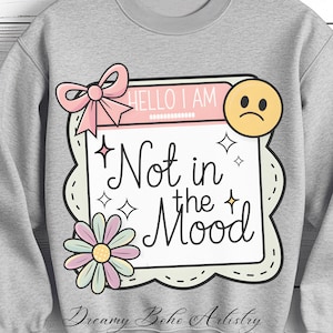 May include: A gray sweatshirt with a pink and white graphic that says "Hello I am Not in the Mood" with a sad face emoji and a pink bow. The graphic is surrounded by stars and a flower.