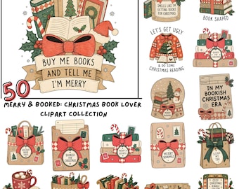 Könnte beinhalten: Eine digitale Clipart-Sammlung mit 50 weihnachtlichen Illustrationen von Büchern, Geschenkstapeln, Lesezubehör und festlichen Bannern. Jede Grafik enthält weihnachtliche Motive wie Zuckerstangen, Schleifen und Tannengrün mit Text.
