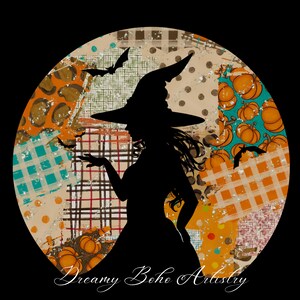 May include: A black silhouette of a witch in a hat and dress, set against a patchwork background with pumpkins, bats, and various patterns. The text "Dreamy Boho Artistry" is at the bottom, ideal for Halloween decorations.