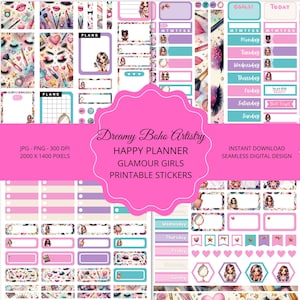 Pegatinas imprimibles de Happy Planner, pegatinas coloridas y lindas para planificadores de chicas glamurosas, pegatinas imprimibles para planificadores semanales, pegatinas para planificadores de chicas fiesteras