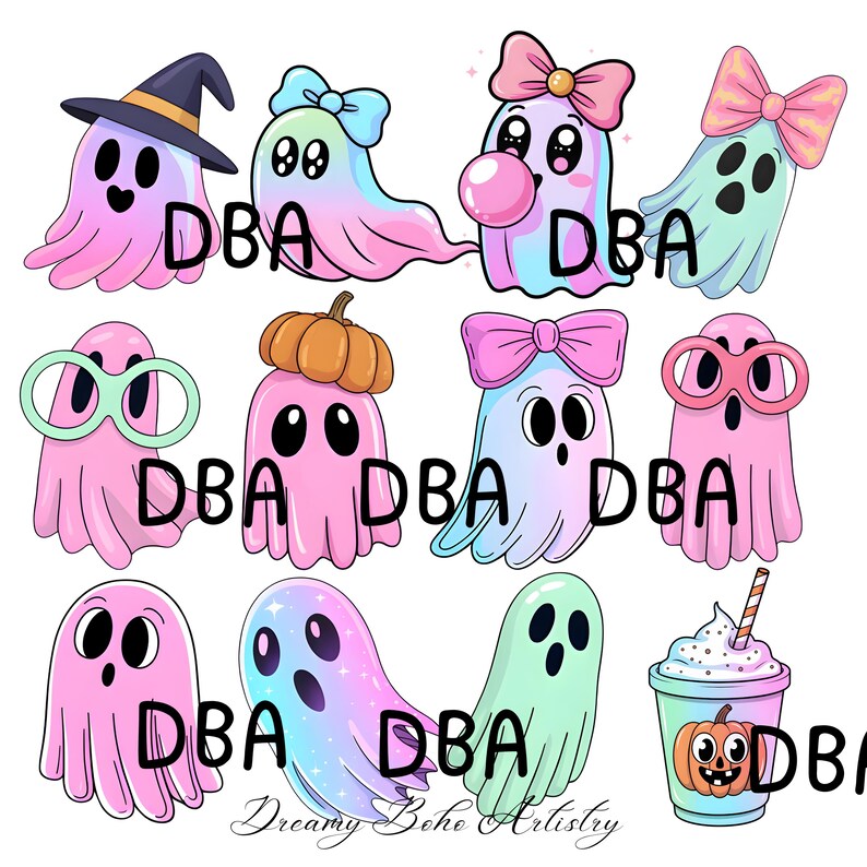 Pastel Ghosts Clipart Bundle, Preppy Ghost Blowing Bubble, Commercial Use, Clipart, Cute Illustrations, Neon, PNG, Instant Download