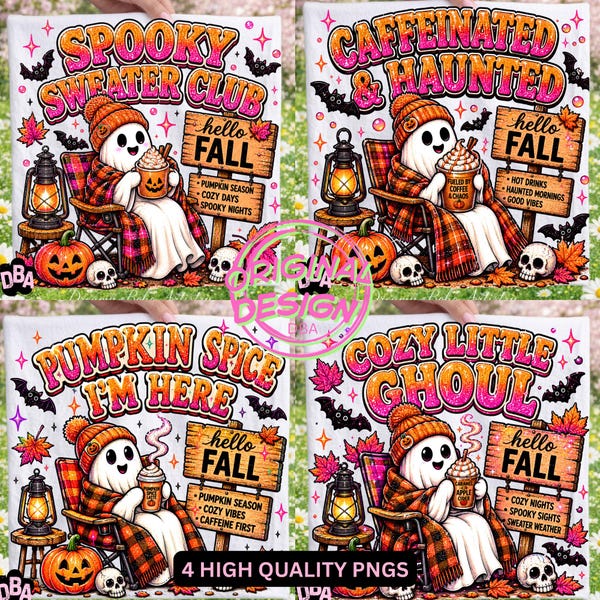 Cozy Little Ghoul Club PNG Bundle | 4 Cutesy Fall Ghost Designs | Autumn Bookish Halloween Sublimation