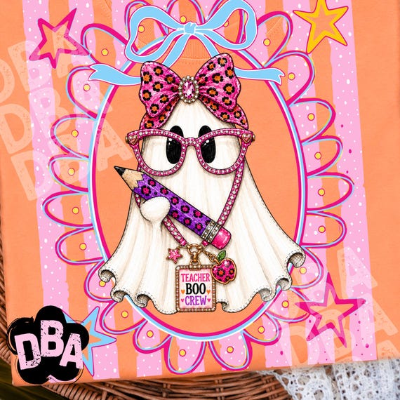 Striped Preppy Teacher Ghost PNG Coquette Back to School Bow Spooky Sublimation Design