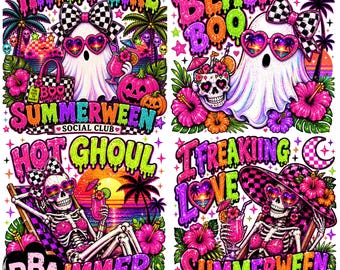 Puede incluir: Un conjunto de gráficos digitales con cuatro ilustraciones de fantasmas y esqueletos en entornos tropicales con colores neón vibrantes, patrones de tablero de ajedrez, flores de hibisco, palmeras y motivos de atardecer, incluyendo texto como HAUNT GIRL.
