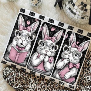 Può includere: Un cuscino decorativo con tre pannelli raffiguranti conigli bianchi con occhiali a forma di cuore e fiocchi rosa. Ogni coniglio tiene in mano un libro rosa su uno sfondo nero con cuori e dettagli floreali. Il cuscino ha un bordo a righe bianche e nere.