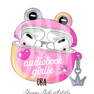 AUDIOBOOK Girlie Frog PNG, leesgrage png, leesgrage clipart, ontwerpen voor stickers, bladwijzers, commercieel gebruik, trendy esthetiek voor boekenliefhebbers