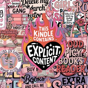 May include: A colorful collage featuring book-themed graphics and text. The design includes phrases like "Reading is my Jam," "Enemies to Lovers," and "Explicit Content." The color palette is primarily pink, purple, and orange.