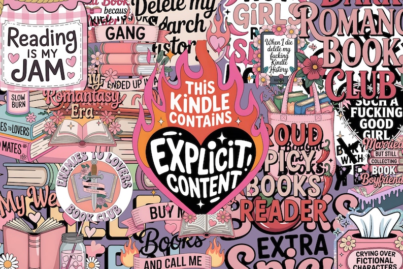 May include: A colorful collage featuring book-themed graphics and text. The design includes phrases like "Reading is my Jam," "Enemies to Lovers," and "Explicit Content." The color palette is primarily pink, purple, and orange.
