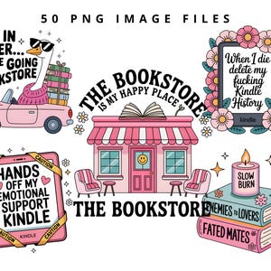 May include: A collection of whimsical illustrations with a bookstore theme. Includes a pink car with a goose, a bookstore facade, a Kindle with text, and stacks of books. Text includes "Get in Loser... We're going to the bookstore."