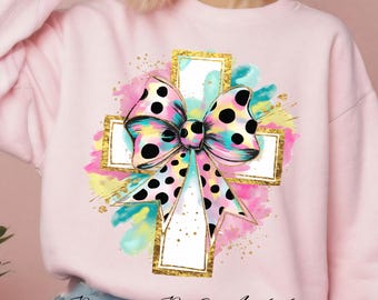 Coquette Glitter Kruis, PNG | Christelijk kruisontwerp met strik | Girly Faith-sublimatie