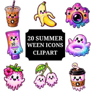 20 Summerween-ikoner Clipart-paket | Söta, kusliga PNG-element | Neon Ghost-grafik