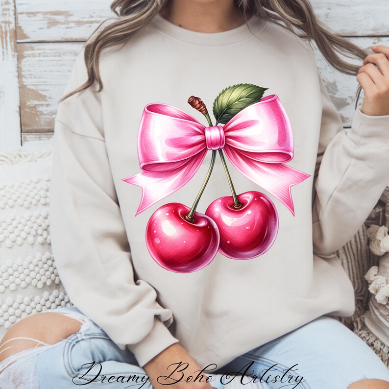 Cute Coquette Cherry PNG, Cherries Sublimation Design, Cherry Clipart, Popular Trendy Cherries with Bow Digital Download, Summer PNG