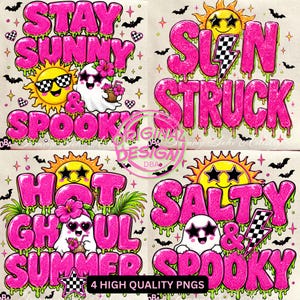 Zestaw Sun Loving Ghosts PNG | 4 dziewczęce wzory duchów na Summerween | Neonowa, upiorna i słodka sublimacja