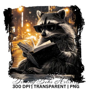 May include: A digital illustration of a raccoon wearing sunglasses, engrossed in reading a book. The raccoon is set against a blurred cityscape background with warm, golden streetlights. The image has a grunge border and the text "Dreamy Boho Artistry".