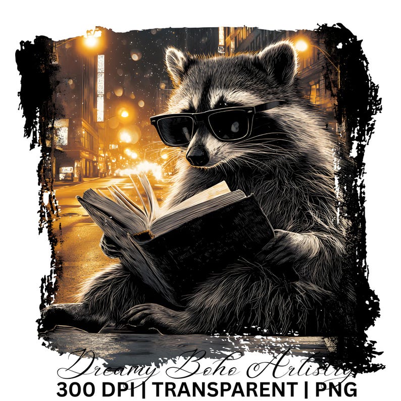 May include: A digital illustration of a raccoon wearing sunglasses, engrossed in reading a book. The raccoon is set against a blurred cityscape background with warm, golden streetlights. The image has a grunge border and the text "Dreamy Boho Artistry".
