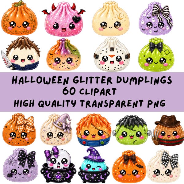Pacote com 60 imagens de bolinhos de Halloween com glitter, fofas, kawaii e assustadoras em PNG para uso comercial.