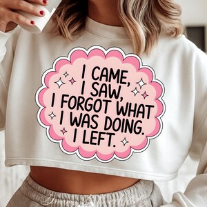 May include: White cropped sweatshirt with a pink and white graphic. The graphic reads "I CAME, I SAW, I FORGOT WHAT I WAS DOING. I LEFT." The design is in a cloud shape with star accents.